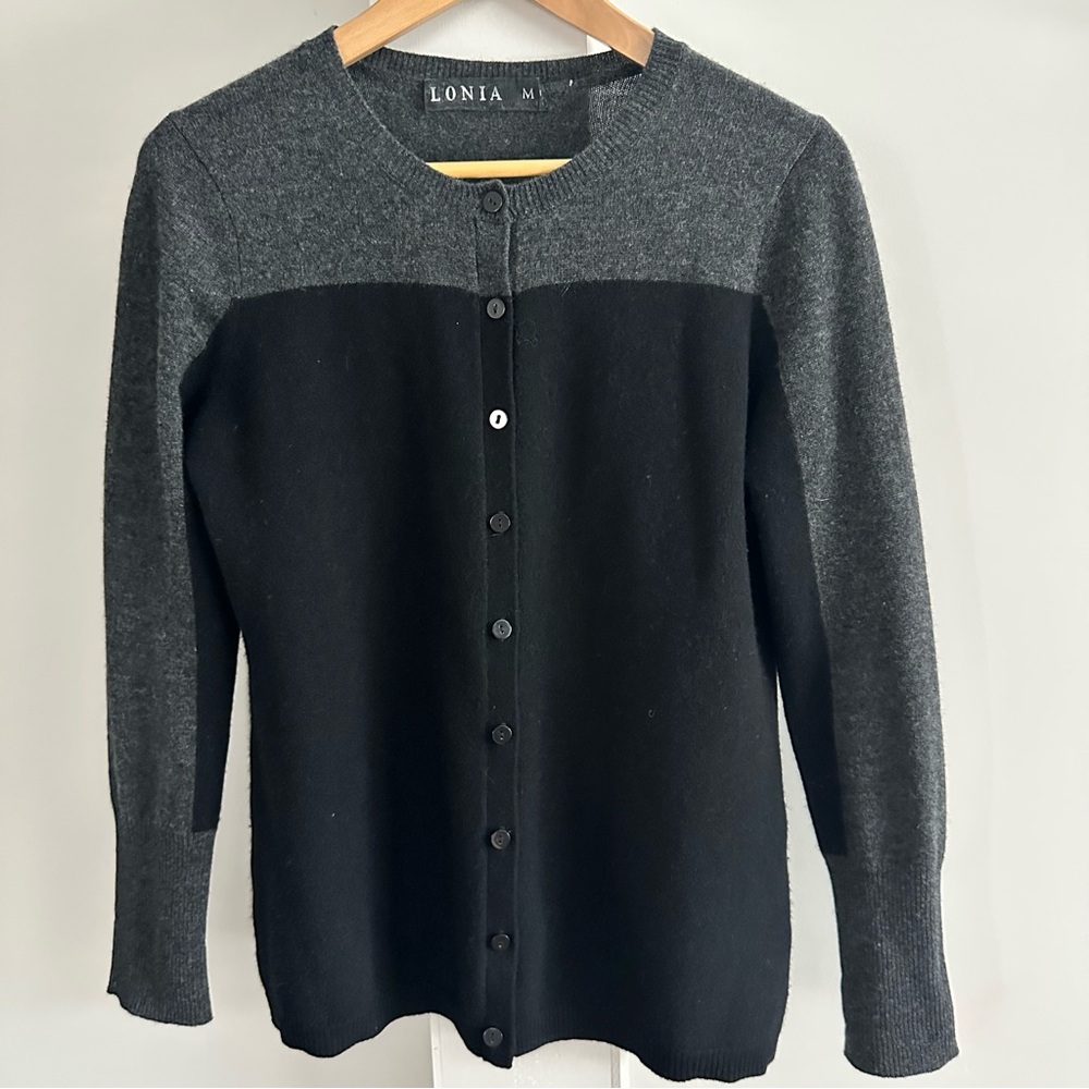 Lonia  Black & Grey Crewneck Lightweight Cashmere Cardigan Womens sz Med